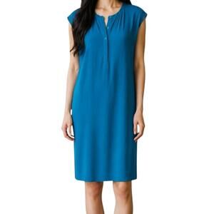 Women's Eileen Fisher Blue Silk Sleeveless Sheath Dress Button Front M